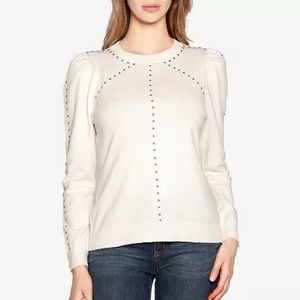 Belldini white puff sleeve golden studded trendy figure flattering sweater